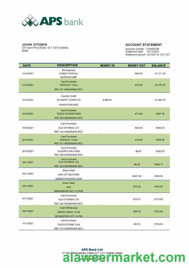 Malta APS bank statement